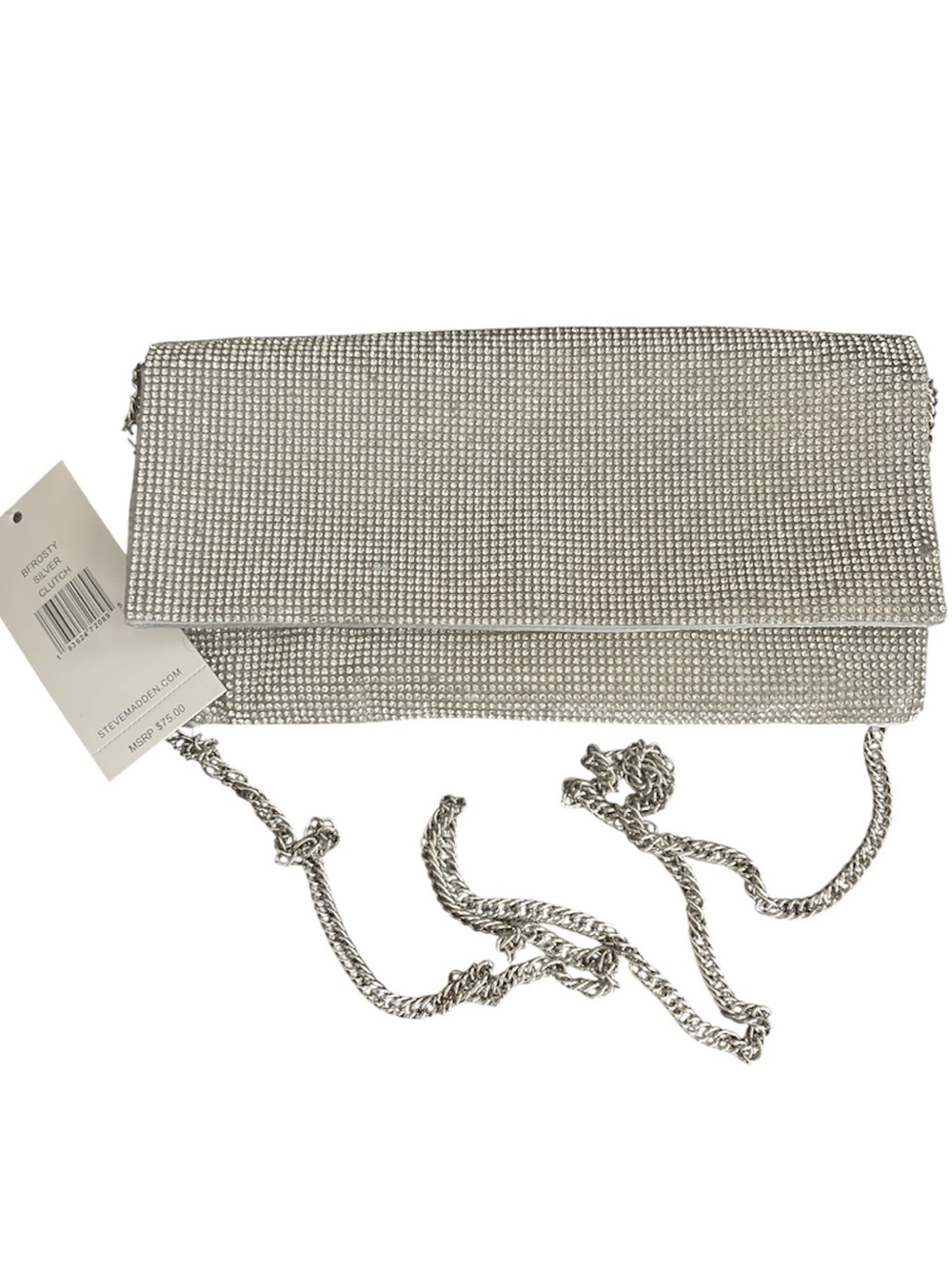 Steve Madden Silver Rhinestone BFROSTY Silver Foldover Clutch with Chain Strap